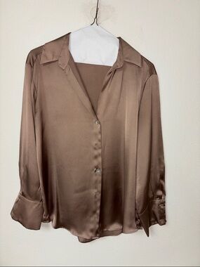 Zara Satin Button-Front Blouse — Brown